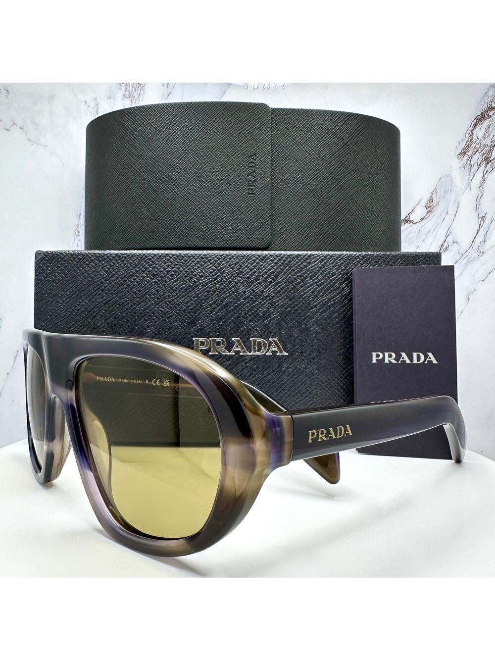 New PRADA Sunglasses Brown Striped Laguna Aviator Shield Mask New